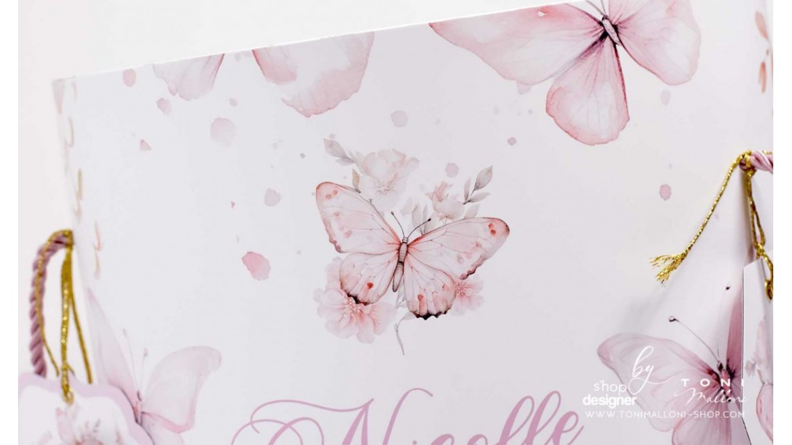Trusou botez alb cu fluturi si flori roz pastel brodat 16